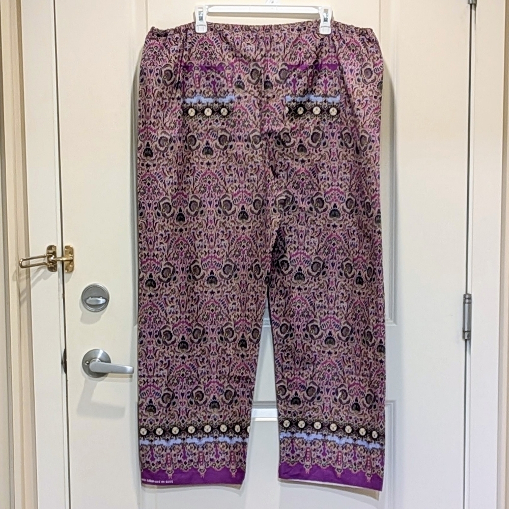 NWOT Beckwoman Adjustable Size Purple Paisley Boho Cotton Pants